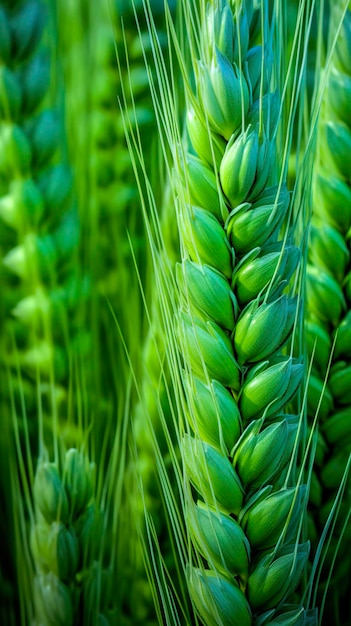 Green barley spike closeup Green wheat full grain Close up of an ear of unripe wheat AI Generative