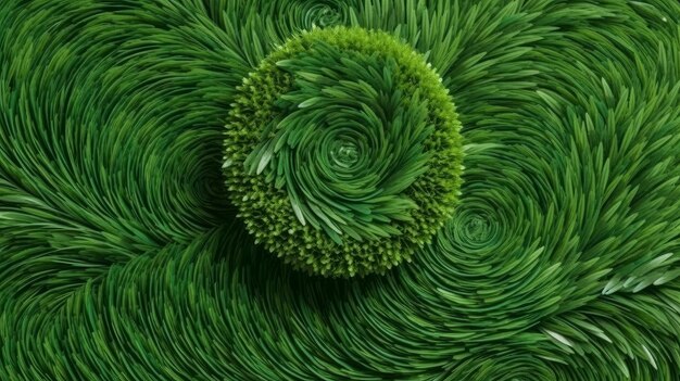 A green carpet with a spiral design in the center