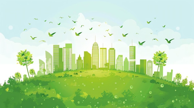 Photo green city skyline with birds flying in the sky