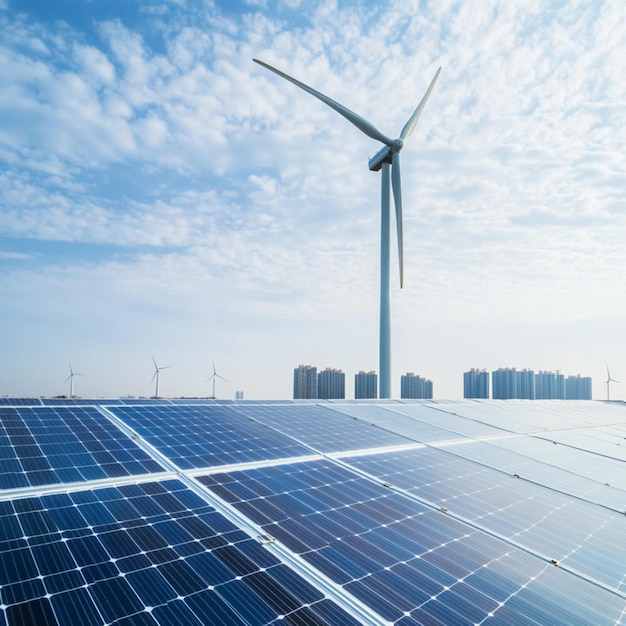 Photo a green energy image featuring solar panels and wind turbines