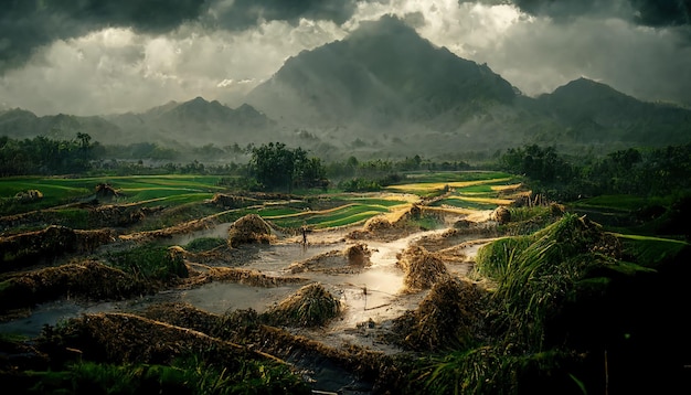 Photo green fields in the pouring rain mountains under gloomy skies