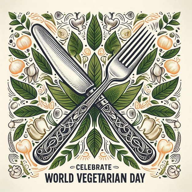 Photo green fork knife simple and elegant vegetarian day poster