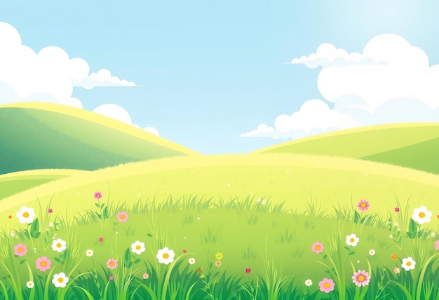 Photo green grass field with white and pink flowers and blue sky with clouds