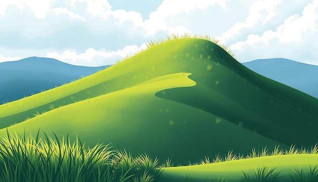 Photo green grassy hill with blue mountains in the background under a blue sky with clouds