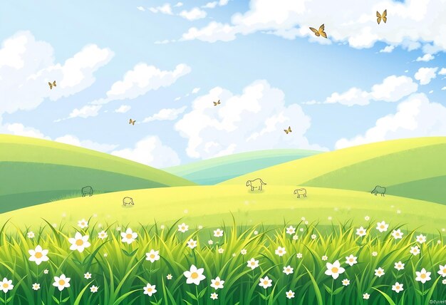 Photo green hills with white flowers and butterflies in a blue sky