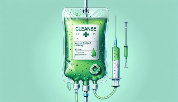 Green IV bag labeled Cleanse with a syringe emphasizing detox and replenish Concept IV drip for cleansing the body detox treatment healthy lifestyle