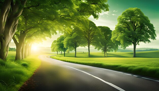 Photo a green landscape with a road and trees in the foreground