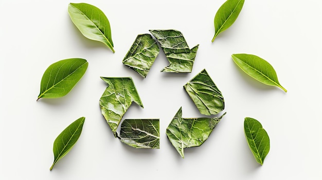 Photo green leaves forming a recycling symbol on a white background the concept of ecology and environmental protection