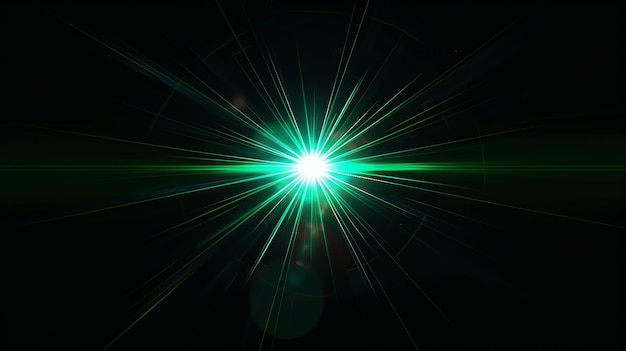 Photo green lens flare with rays of light on a black background