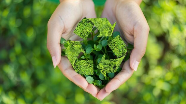 Photo green recycling symbol held in hands