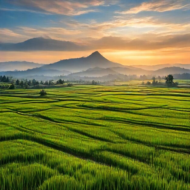 Photo a green rice field with mountains in the background