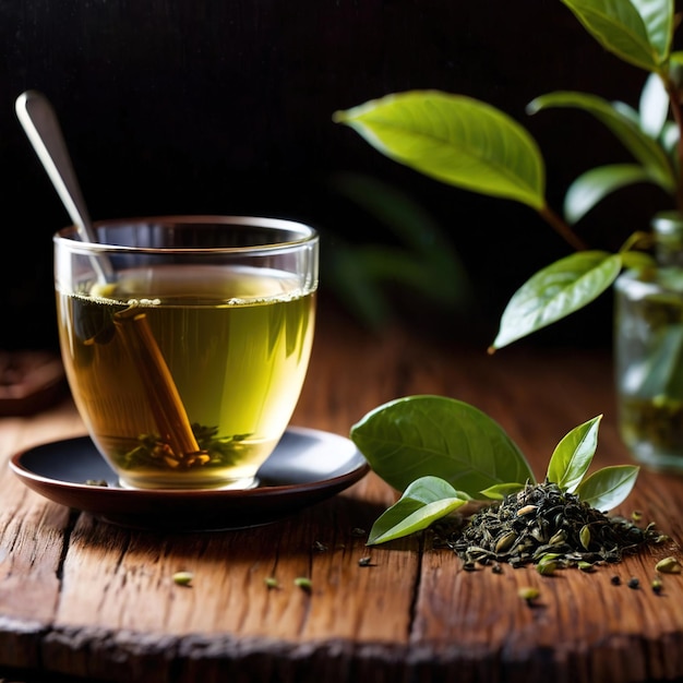 Photo green tea fresh brewed herbal drink with asian tea leaves