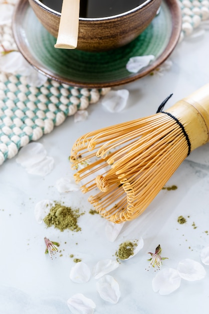 Green tea matcha in a bowl on table