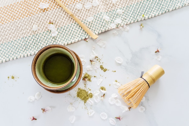 Green tea matcha in a bowl on table