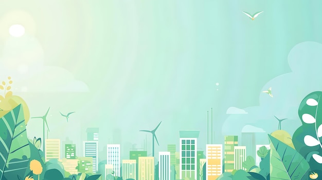 Green urban landscape with wind turbines and city buildings