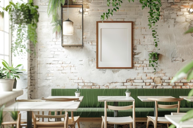 Photo green and white cafe interior with poster