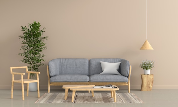 Grey sofa and wood chair in brown living room