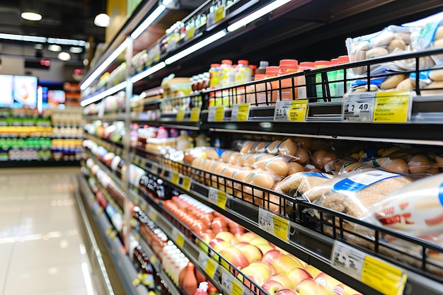 Photo grocery store shelves with various products