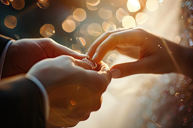 Photo groom put on wedding ring bride hand