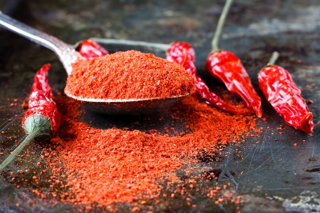 Ground chili pepper in a spoon on a dark background