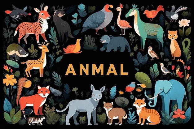 Photo a group of animals with a black background and the wordsanimalon the bottom right