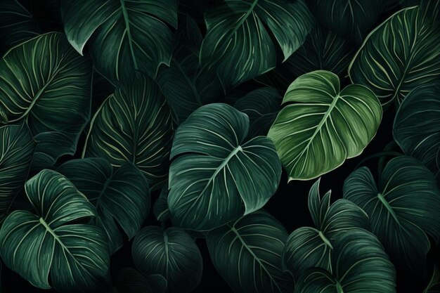 Photo group background of dark green tropical leaves