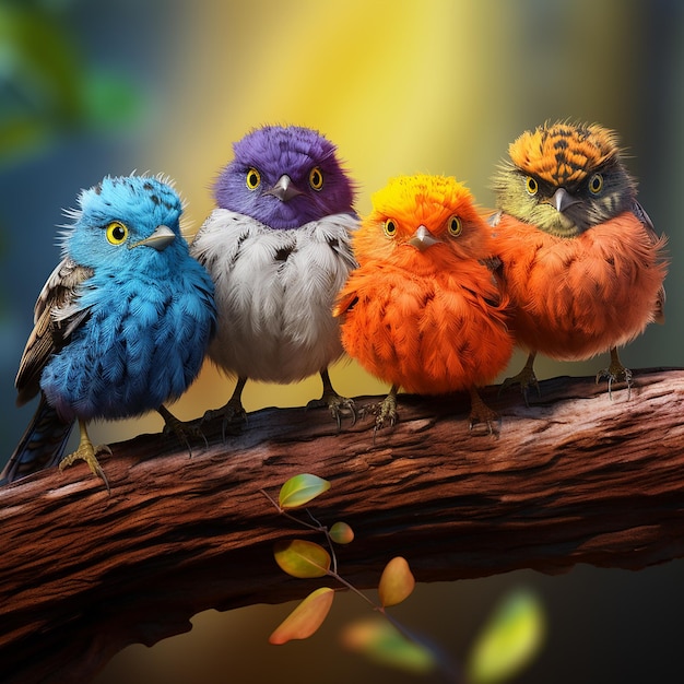 a group of birds are sitting on a branch with a yellow and orange color on it