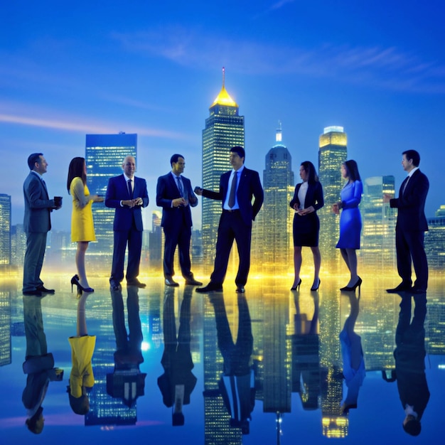 Photo a group of business people stand in front of a city skyline