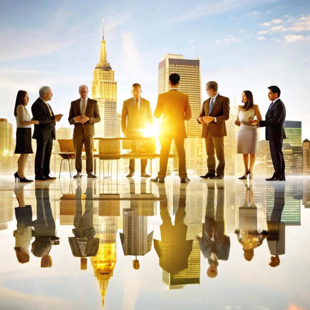 Photo a group of business people stand in front of a city skyline