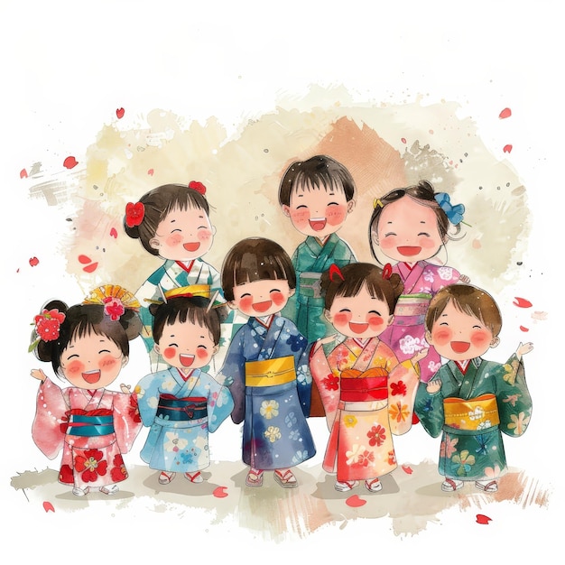 Photo a group of children wearing kimonos are smiling and posing for a picture