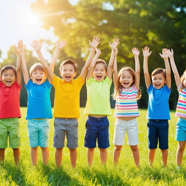 Photo a group of children with arms up in the air