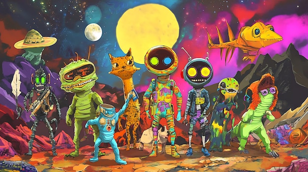 Photo a group of colorful alien creatures standing on a rocky planet