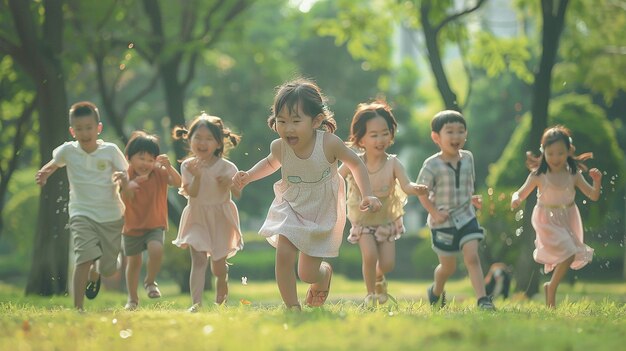 Photo group of cute asian kids having fun in park