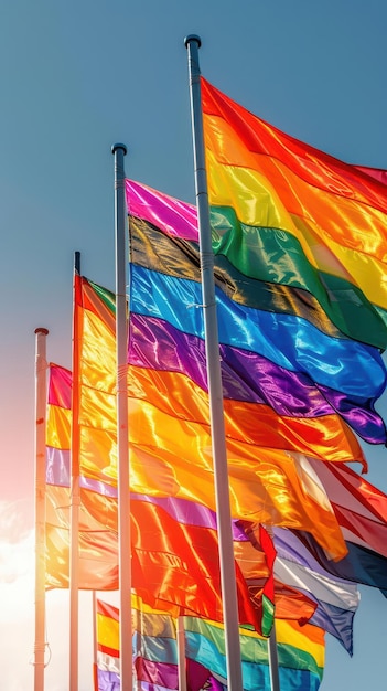 group of flags with a sky background