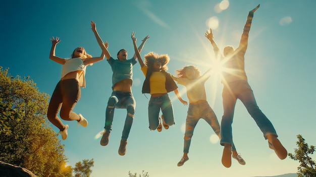 Photo group of friends joyfully jumping and having fun outdoors