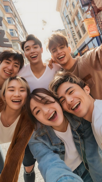 Photo group of friends smiling and posing together outdoors on a sunny day