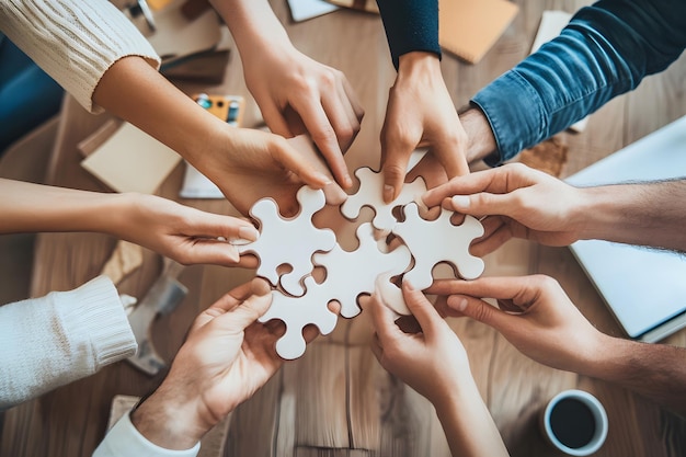 Photo group of hands fitting jigsaw puzzle pieces together