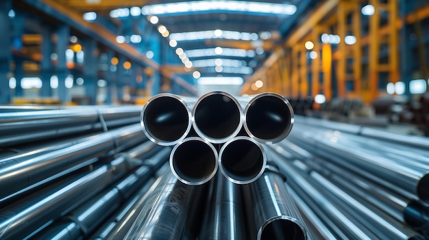 A group of high quality steel pipe kept in warehouse for shipment process with a big space for text or product and blurry backdrop Generative AI