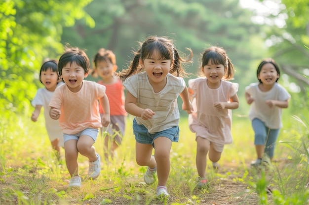 Photo group image of asian children having fun in the park