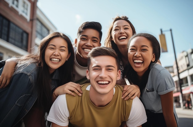 A group of joyful friends taking a group selfie smiling and capturing a fun moment together