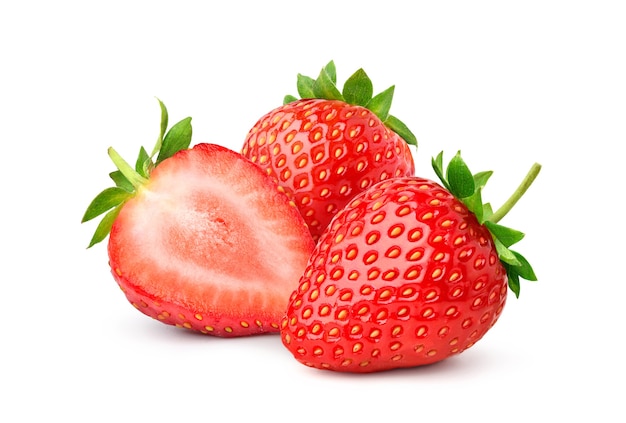 Photo group of juicy strawberry with half sliced isolated