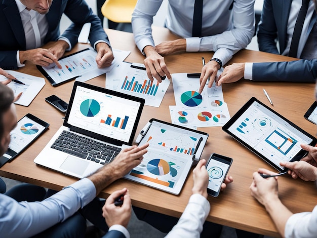 Photo a group of men sitting around a table with a graph on it