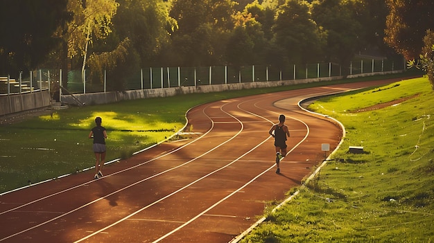 Photo a group of people running on a track with the words marathon on the side