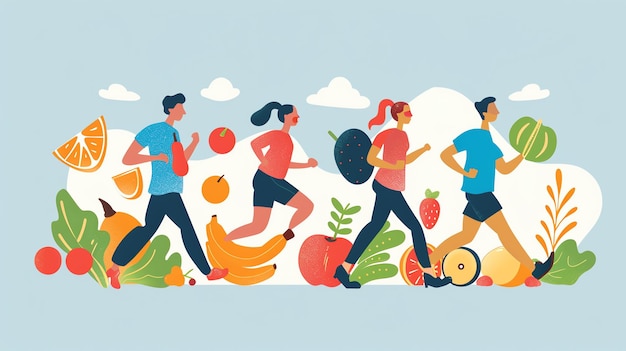 Photo a group of people running with fruit illustrations surrounding them healthy lifestyle and nutrition concept