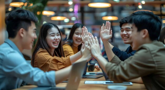 Photo a group of people with their arms raised in a restaurant