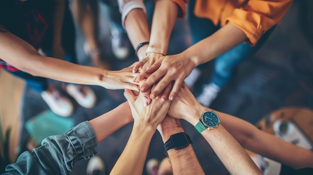 A group of people with their hands together with one holding a group of hands