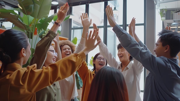 Photo a group of people with their hands up in the air