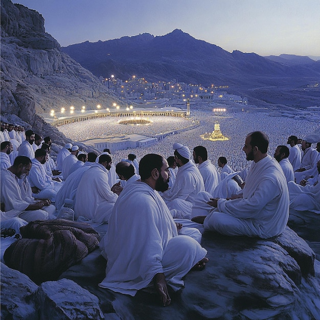 Photo a group of pilgrims engaging in dhikr or remembrance of god during hajj