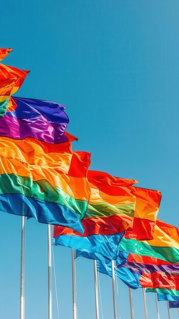 group of rainbow colored flags flying in the air