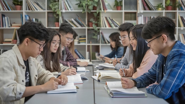 Foto un gruppo di studenti sono seduti a un tavolo con libri su di loro